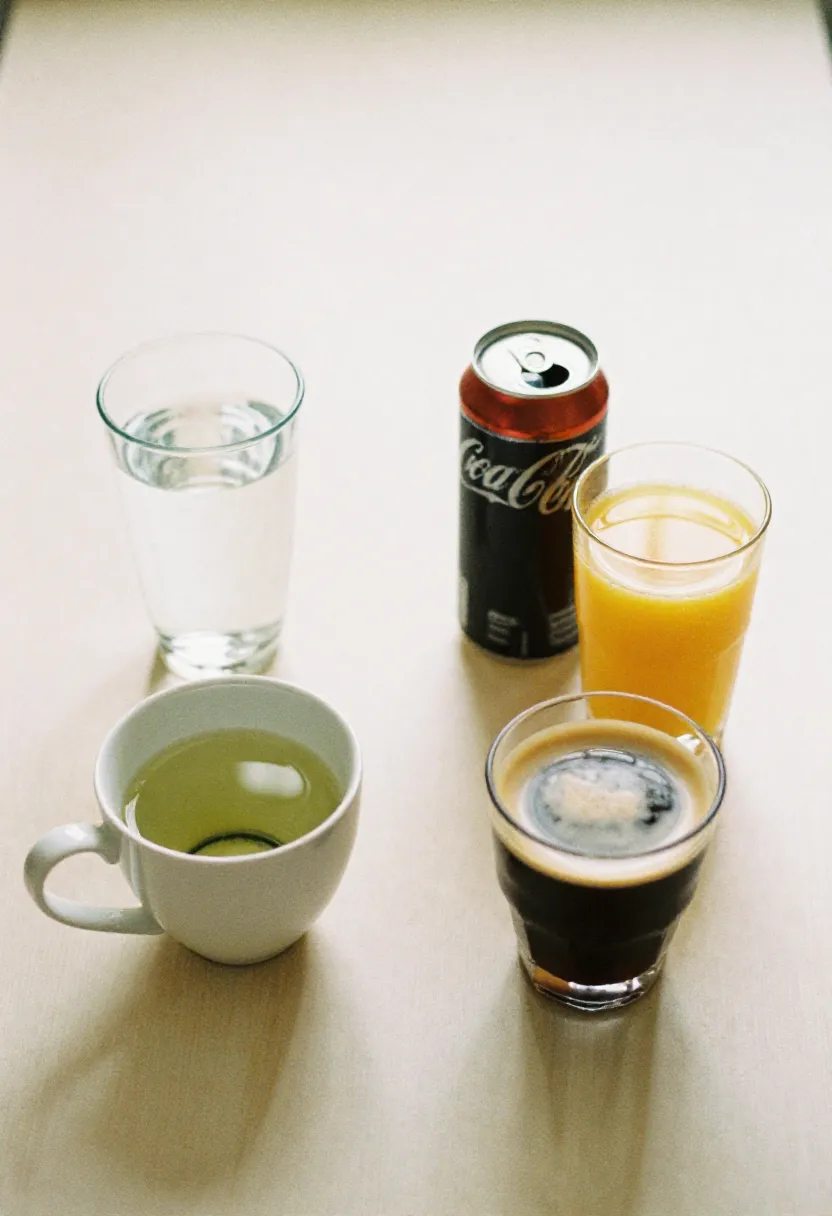 Water, green tea, and unsweetened coffee arranged beside sugary drinks like soda and juice to illustrate the best and worst drinks for diabetes.