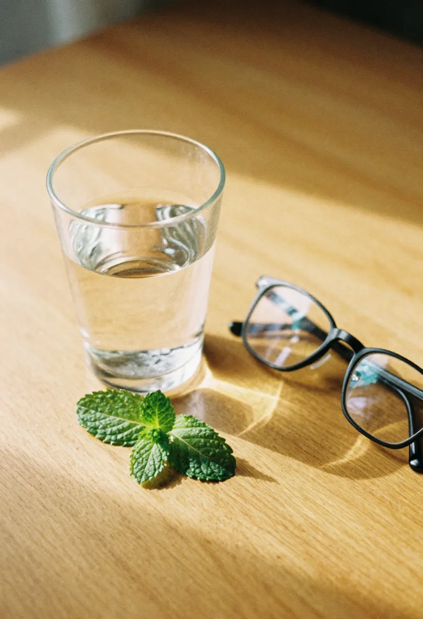 A half-empty glass of water with a wilted mint leaf and reading glasses in soft natural light, symbolizing early signs of dehydration.