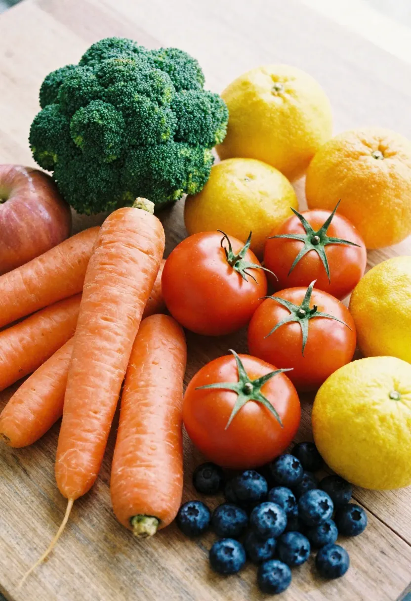 A colorful assortment of fruits and vegetables arranged by color on a rustic table, symbolizing the benefits of eating the rainbow for antioxidants and heart health.
