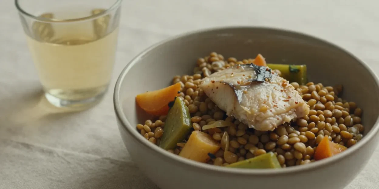 A warm, soft-textured balanced meal with vegetables and protein beside a glass of water, symbolizing gentle nutrition for older adults.
