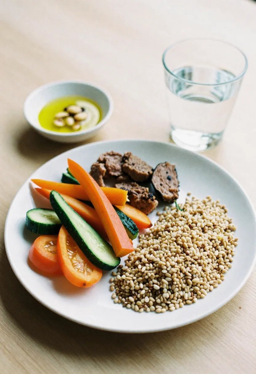 A balanced plate with vegetables, wholegrains, protein, and a small portion of healthy fats, shown in soft natural light to illustrate the Eatwell Guide principles.