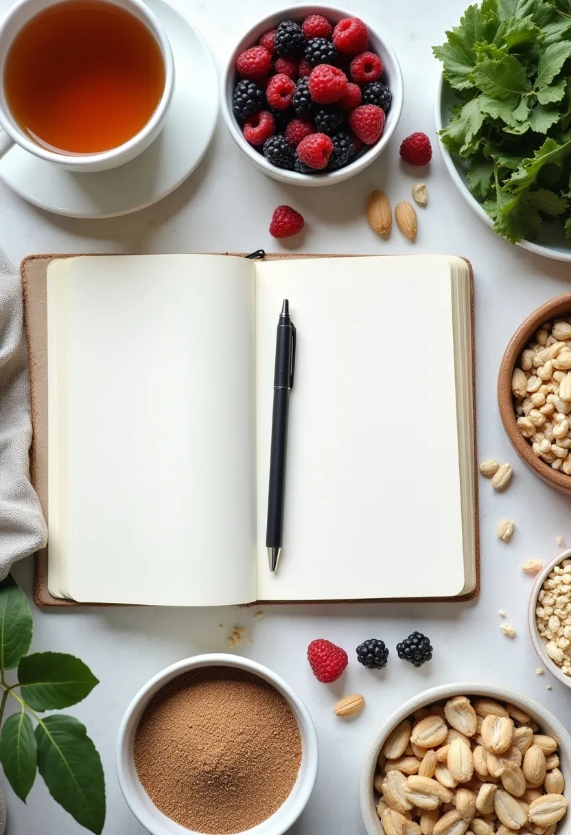 Flat-lay of a food journal with wholesome foods like berries, greens, and nuts, symbolizing a gentle elimination diet approach.