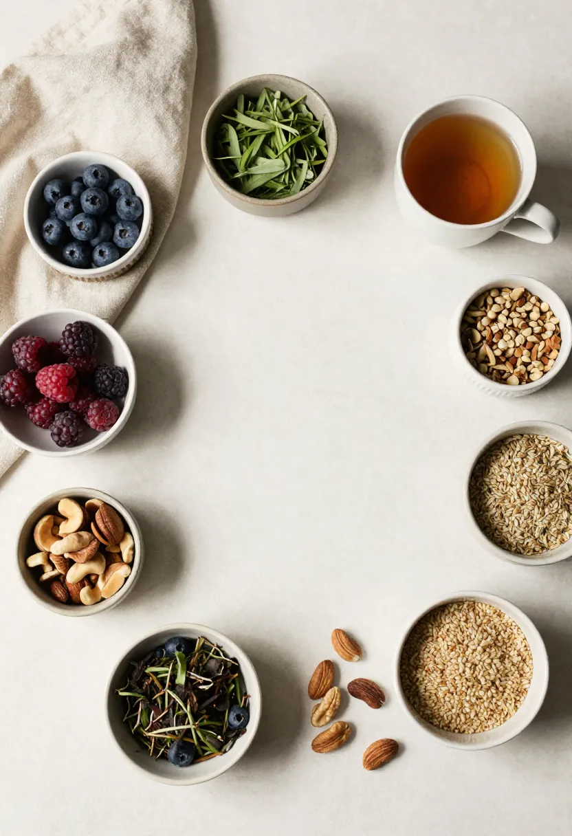 Flat-lay of simple whole foods and calming elements arranged with open space, symbolizing clarity and guidance for endometriosis diet questions.