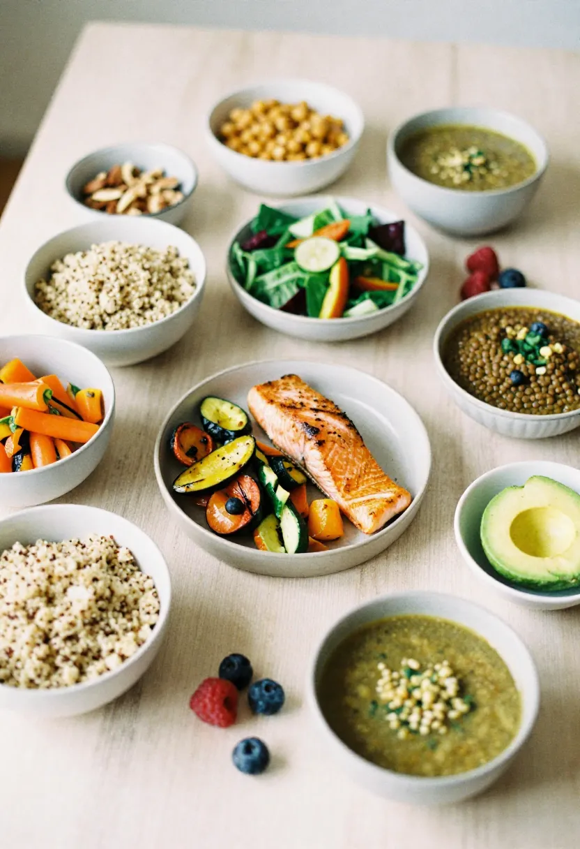 Flat-lay of balanced meal components like whole grains, vegetables, salmon, legumes, and berries for simple everyday endometriosis-friendly recipes.