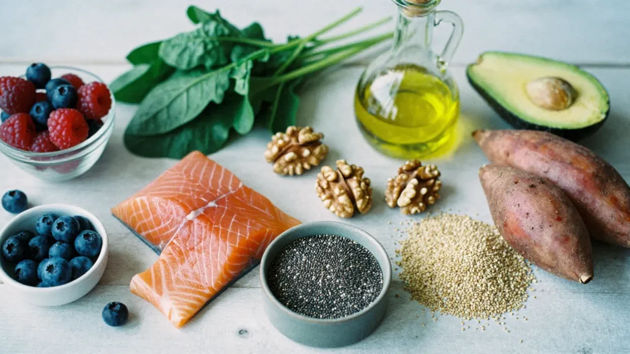Flat-lay of colorful anti-inflammatory foods like berries, greens, salmon, nuts, and whole grains representing nutrition support for endometriosis.