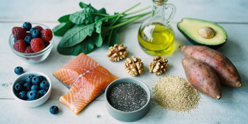 Flat-lay of colorful anti-inflammatory foods like berries, greens, salmon, nuts, and whole grains representing nutrition support for endometriosis.