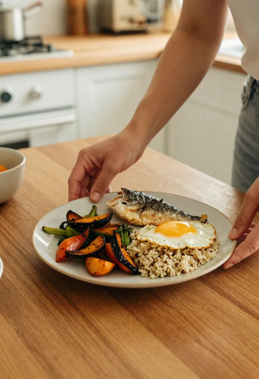 A person assembling a gluten-free meal with vegetables and wholegrains in a warm, natural kitchen setting.