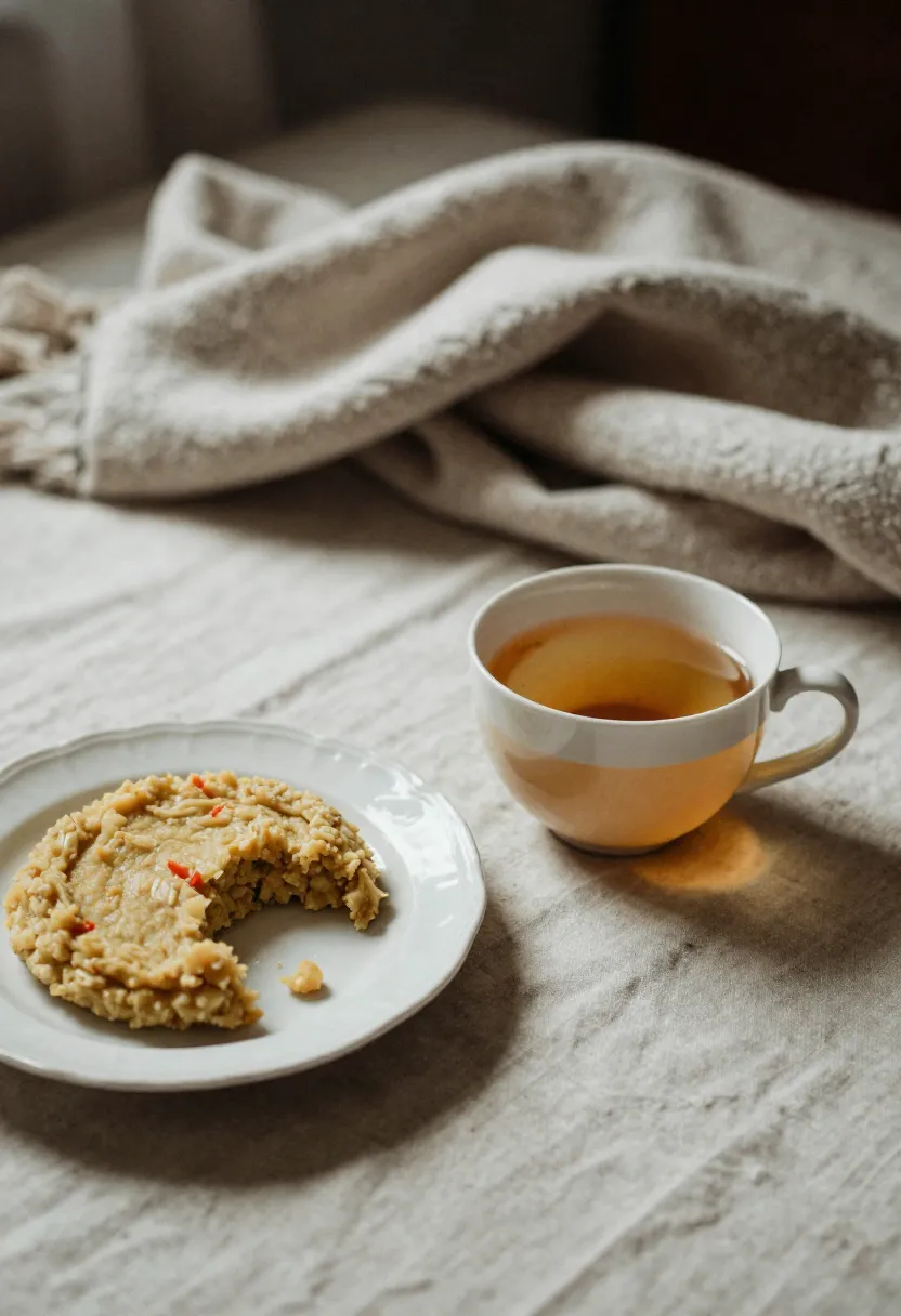 A warm cup of herbal tea with a partially eaten soft meal and a folded blanket, symbolizing when extra care or nutritional support is needed for seniors.