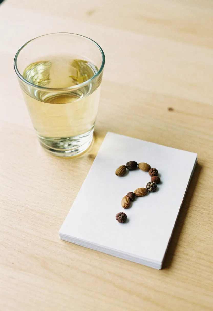 A glass of water beside blank question cards arranged in soft natural light, symbolizing frequently asked questions about reducing sugar in later life.