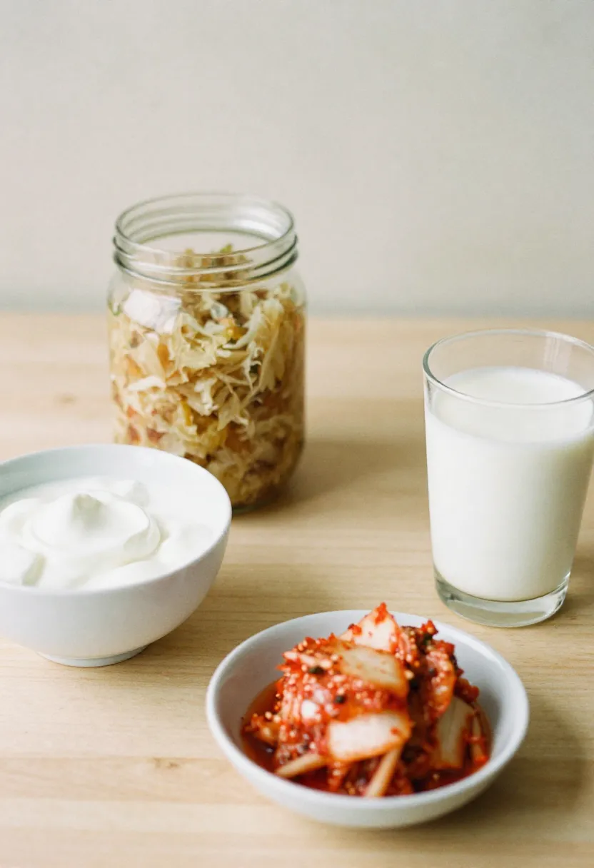 Assortment of fermented foods including yogurt, sauerkraut, kimchi, and kefir in soft natural light.
