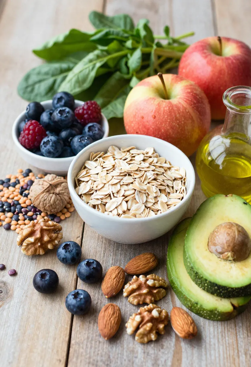 A colorful arrangement of oats, berries, beans, nuts, greens, avocado, and olive oil on a rustic table, representing foods that help lower LDL cholesterol.