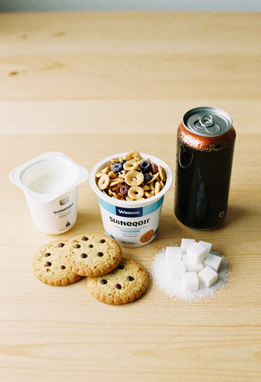 Sugary cereal, cookies, sweetened yogurt, a sugary drink, and sugar cubes grouped together to represent foods to avoid on a sugar-free diet.