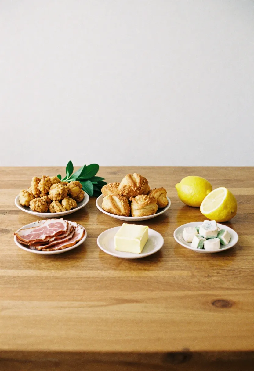 A small selection of fried foods, pastries, butter, and processed meats arranged on a wooden table, representing foods to limit for better heart health.