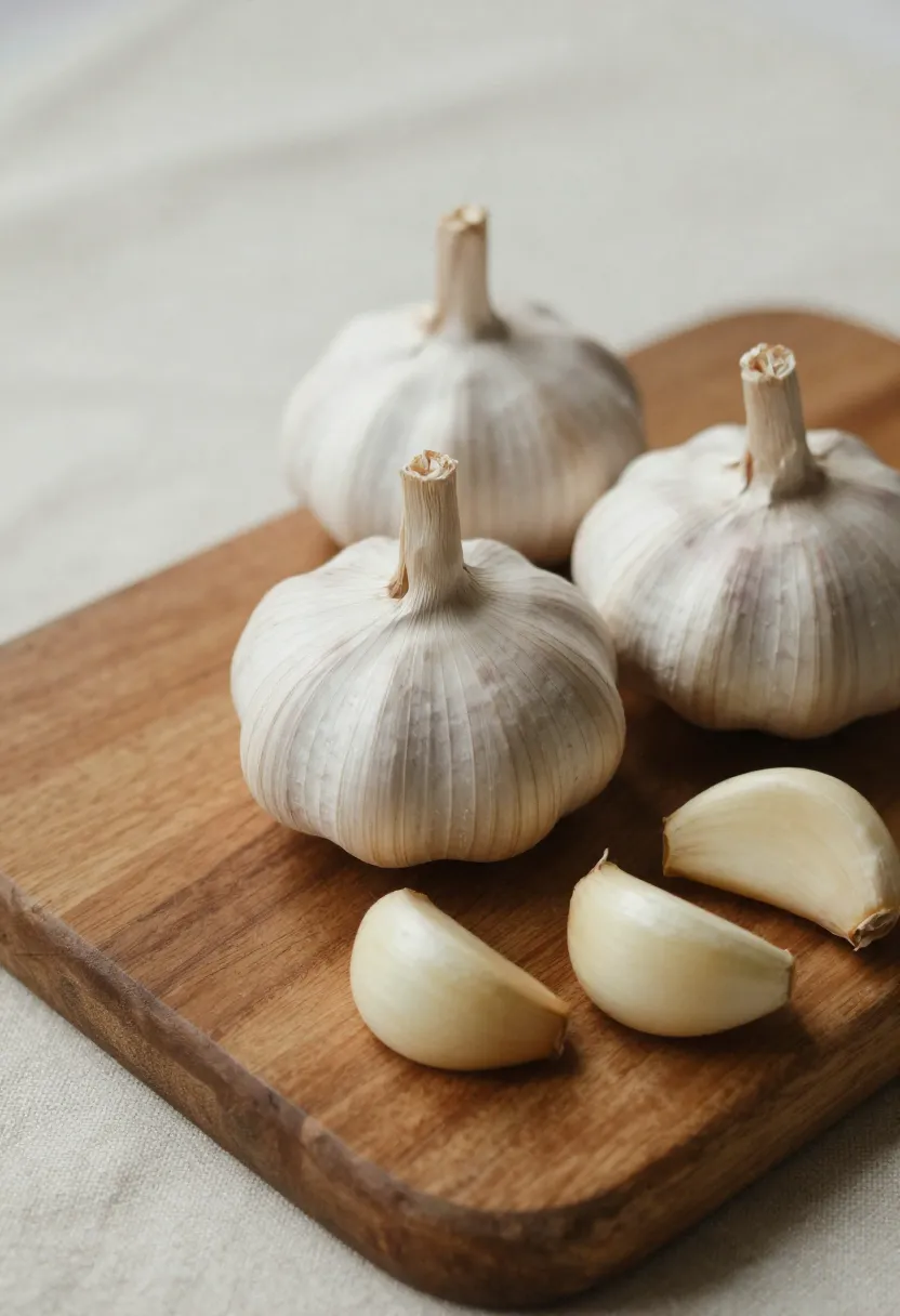 Whole garlic bulbs and peeled cloves in warm natural light, highlighting garlic’s antimicrobial qualities.