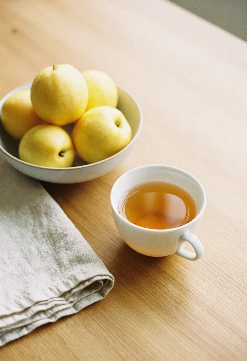 A calming scene with tea and fresh fruit in soft natural light, symbolizing gentle daily nourishment.