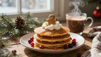 Stack of gingerbread pancakes with whipped cream, gingerbread cookie, and cranberries on a cozy winter breakfast table.
