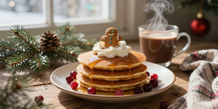 Stack of gingerbread pancakes with whipped cream, gingerbread cookie, and cranberries on a cozy winter breakfast table.