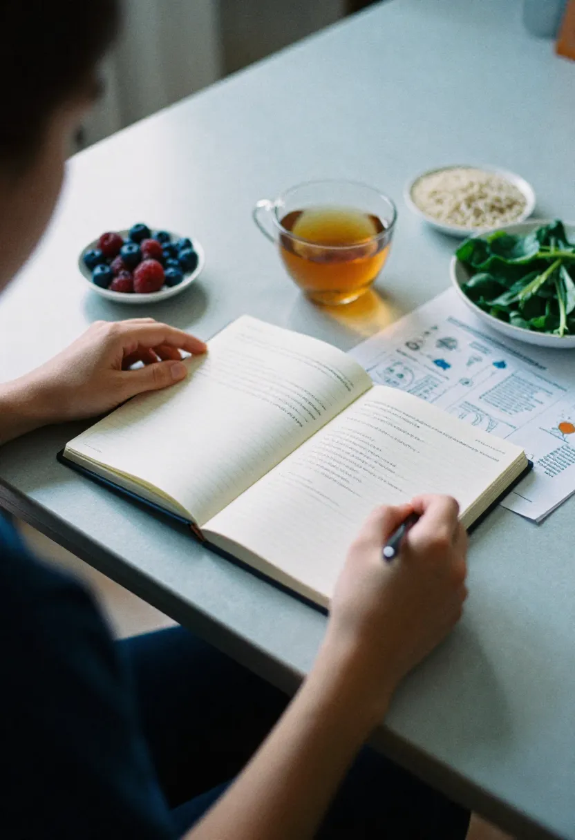 A person reviewing simple health notes with gluten-free foods nearby, symbolizing how a gluten-free lifestyle can support autoimmune conditions.