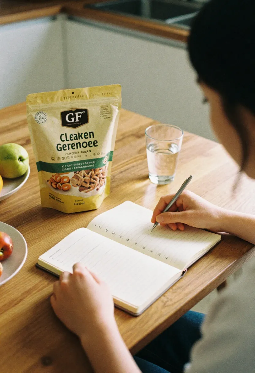 A person reflecting at a table with a gluten-free product and a simple tracking notebook, symbolizing a balanced view when gluten-free eating doesn’t bring expected results.