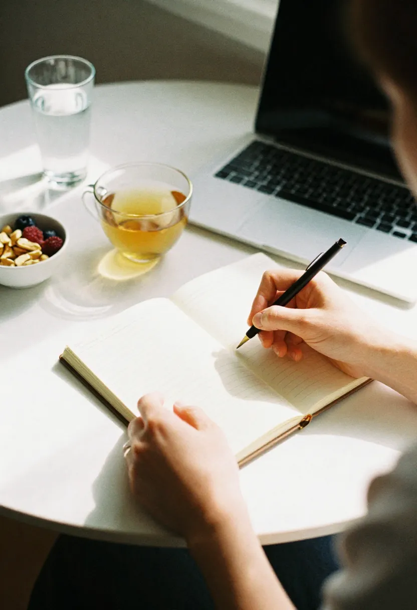 A person writing in a notebook with a calm, focused posture, symbolizing improved mental clarity and reduced brain fog after removing gluten.
