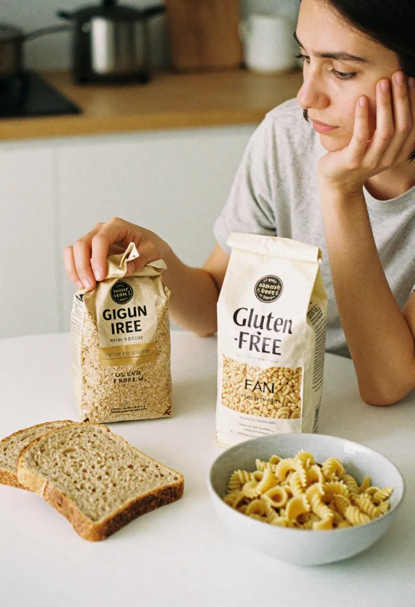 A person comparing a gluten-free product with a wheat-based product at a kitchen table, symbolizing challenges like cost and texture in gluten-free living.