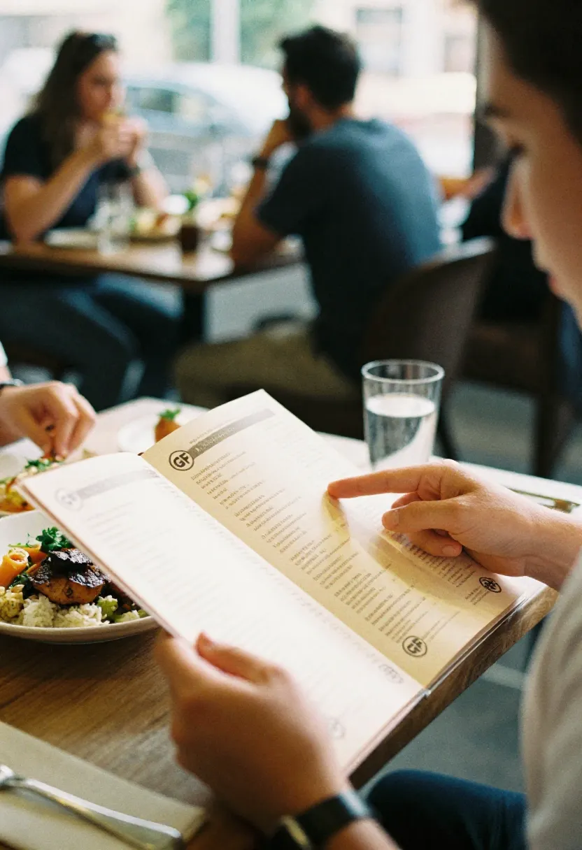 A person looking at a restaurant menu with gluten-free options while dining out, showing how to stay gluten-free in real-life social situations.