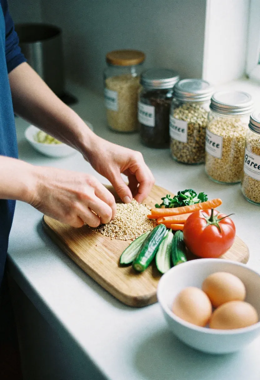 Hands of a person preparing gluten-free foods like quinoa and vegetables in a bright kitchen, showing what foods can be safely eaten on a gluten-free diet.