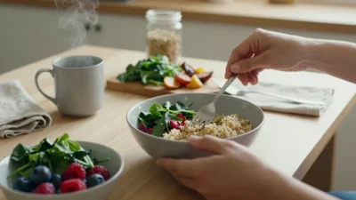A person preparing a simple naturally gluten-free meal in warm natural light, symbolizing the gentle health benefits of going gluten-free.