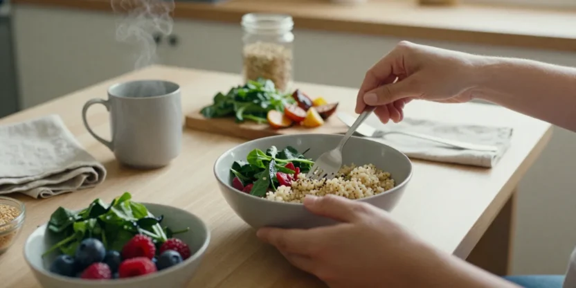 A person preparing a simple naturally gluten-free meal in warm natural light, symbolizing the gentle health benefits of going gluten-free.