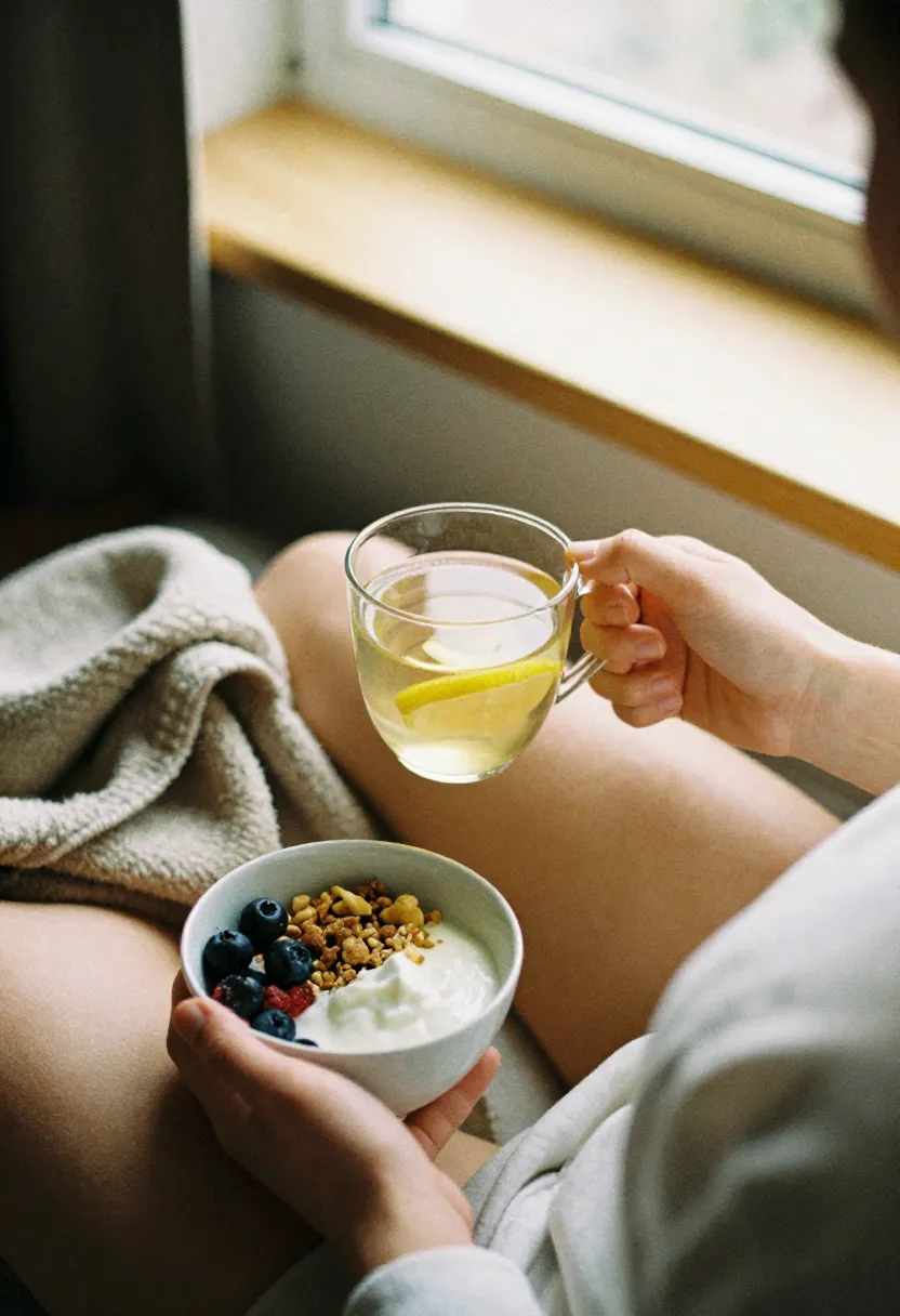 A person enjoying a warm drink with gut-friendly gluten-free foods, symbolizing the connection between digestive comfort and improved mood.