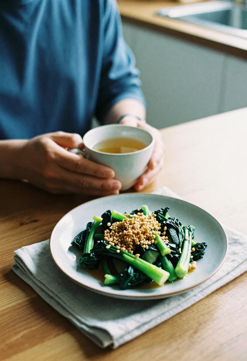 A person enjoying a gentle gluten-free meal with a warm drink, symbolizing improved digestion after removing gluten.