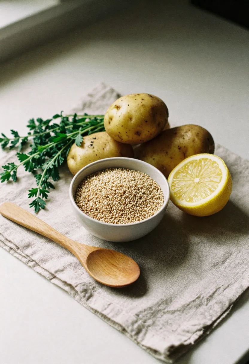A gentle kitchen scene with quinoa, potatoes, lemon, and fresh herbs in soft natural light, symbolizing the beginning of a gluten-free lifestyle.