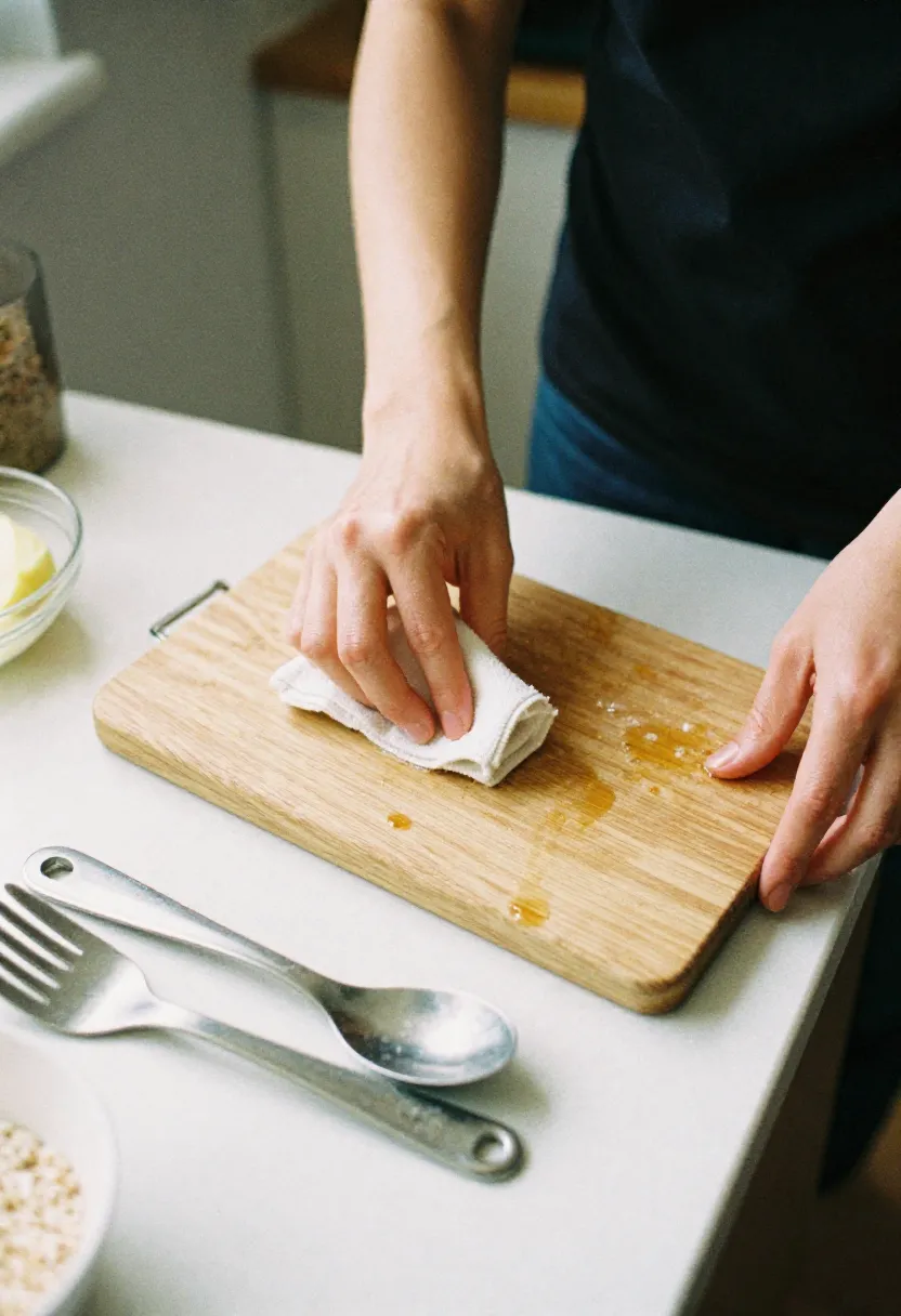 A person cleaning a kitchen counter near separate cooking utensils, illustrating how to avoid gluten cross-contamination.