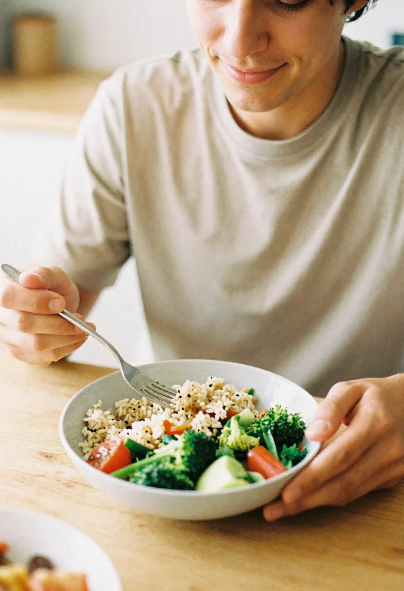 A person peacefully enjoying a simple gluten-free meal at a kitchen table, symbolizing a supportive and balanced gluten-free lifestyle.
