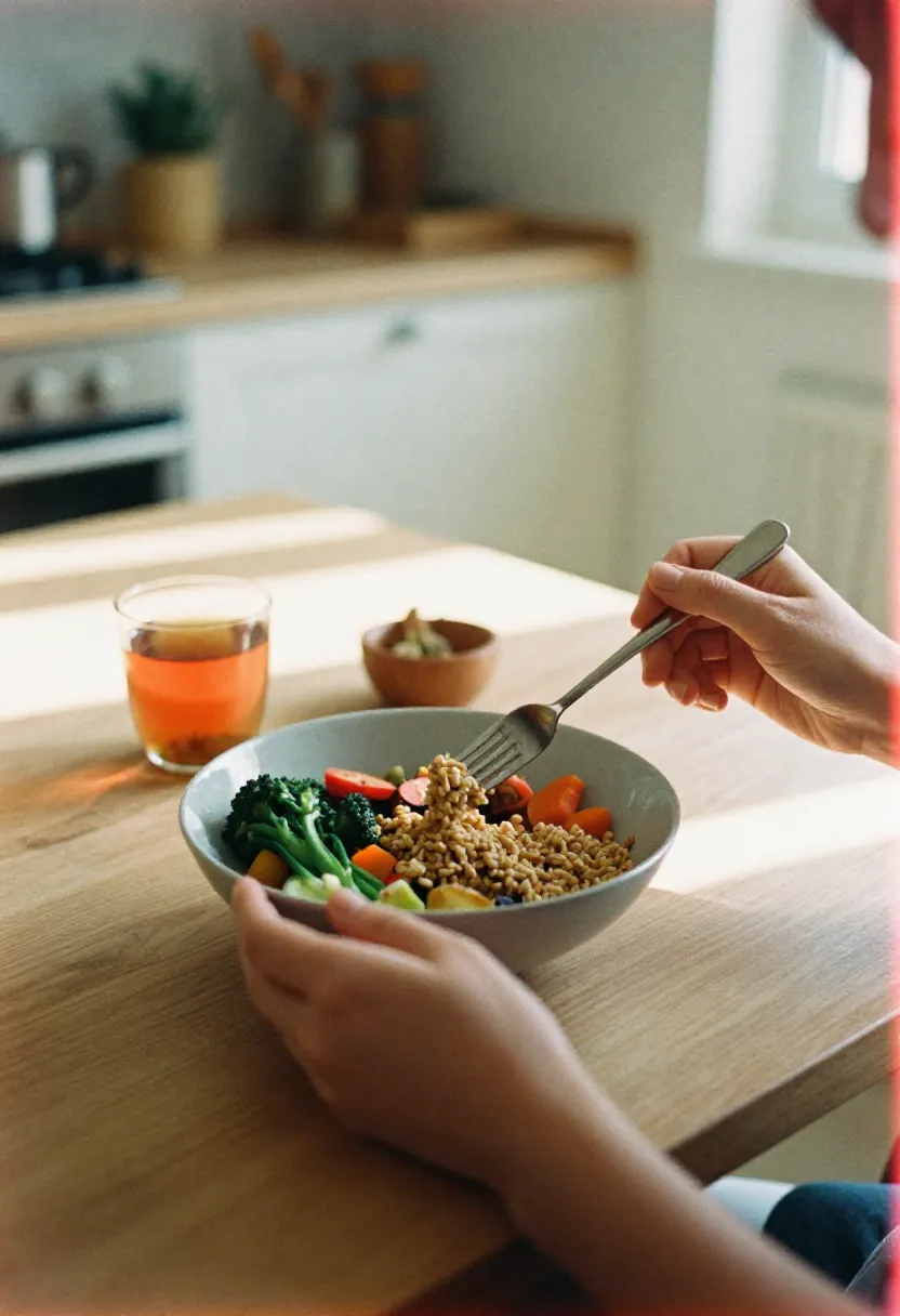 A person enjoying a calm moment with a simple gluten-free meal at a cozy table, symbolizing empowerment and balance in a gluten-free lifestyle.