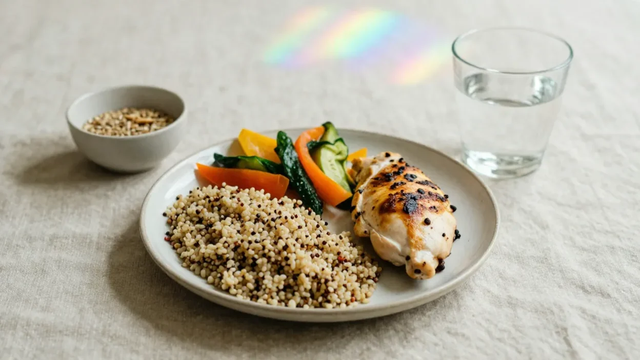 A balanced gluten-free meal with quinoa, vegetables, protein, and a glass of water arranged on a linen surface in soft natural light.