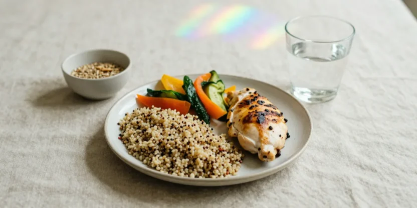 A balanced gluten-free meal with quinoa, vegetables, protein, and a glass of water arranged on a linen surface in soft natural light.