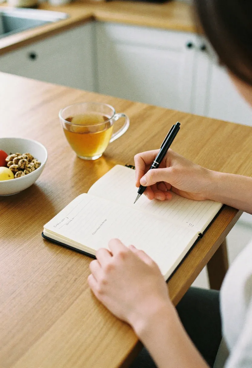A person writing in a wellness journal at a kitchen table with tea and fruit nearby, symbolizing mindful tracking of gluten-free progress and body awareness.