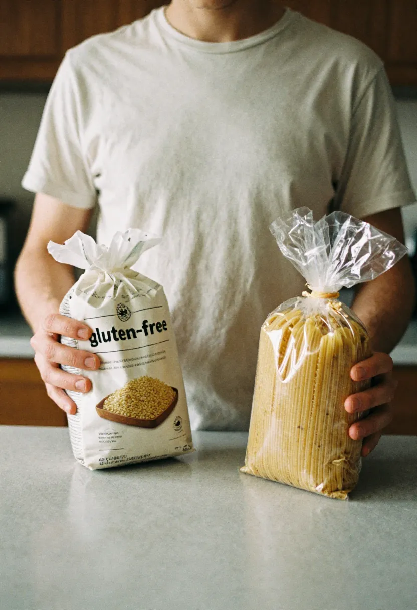 A person holding a gluten-free product in one hand and a wheat-based product in the other, comparing the two at a kitchen counter.