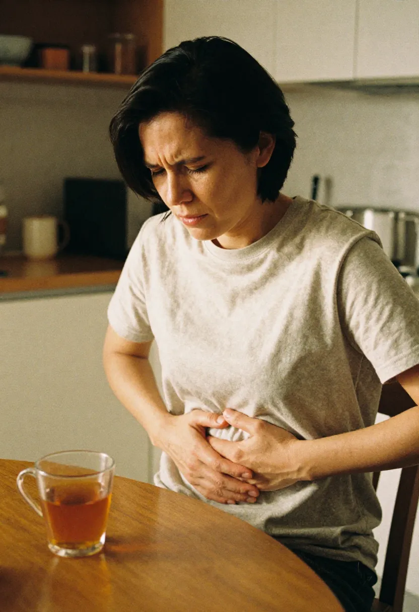An adult sitting at a kitchen table, gently holding their stomach with a mild expression of discomfort, representing symptoms of gluten sensitivity.