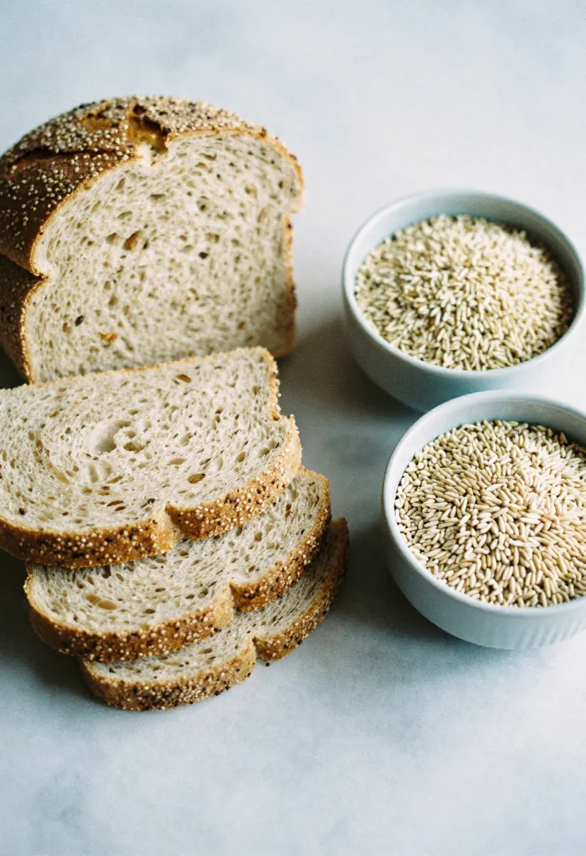 Wholegrain bread slices with grains and seeds in soft natural light, representing slow-release energy.