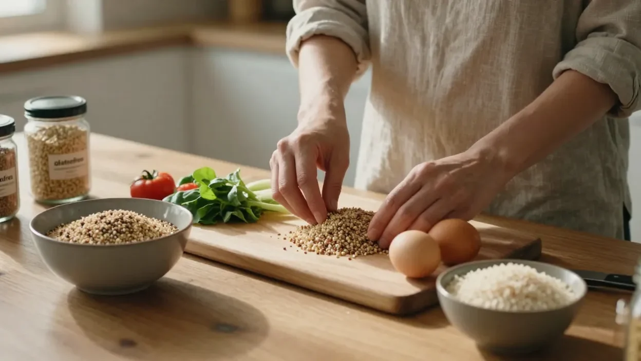A person preparing naturally gluten-free foods in a bright kitchen, symbolizing a confident and gentle approach to going gluten-free.