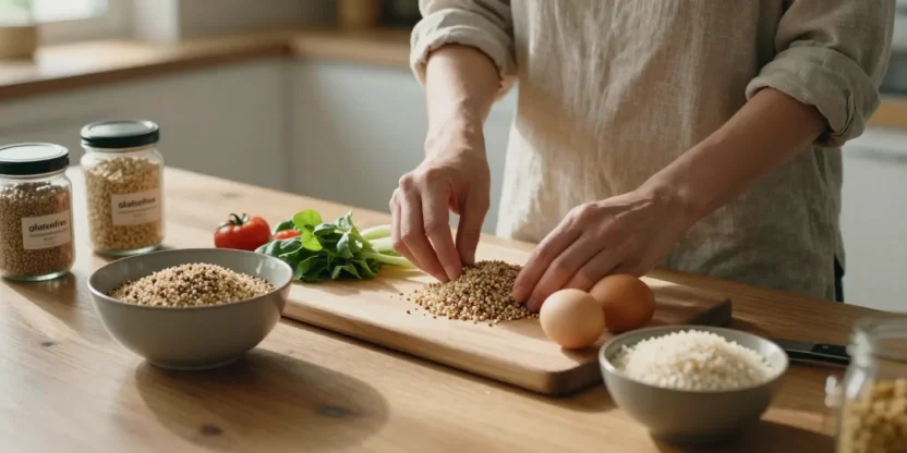 A person preparing naturally gluten-free foods in a bright kitchen, symbolizing a confident and gentle approach to going gluten-free.