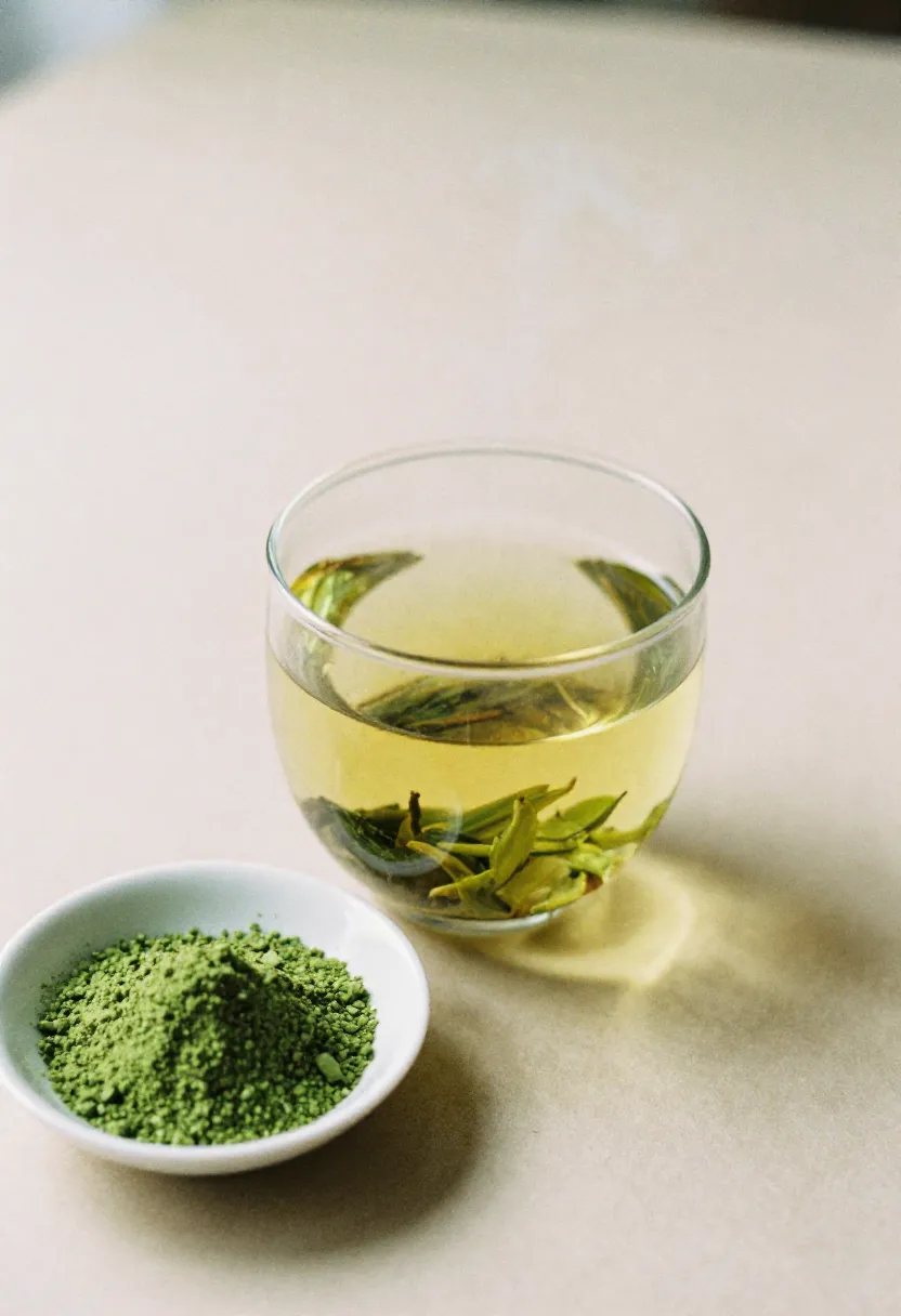 Steaming cup of green tea with loose leaves in soft natural light, highlighting antioxidants and calm focus.