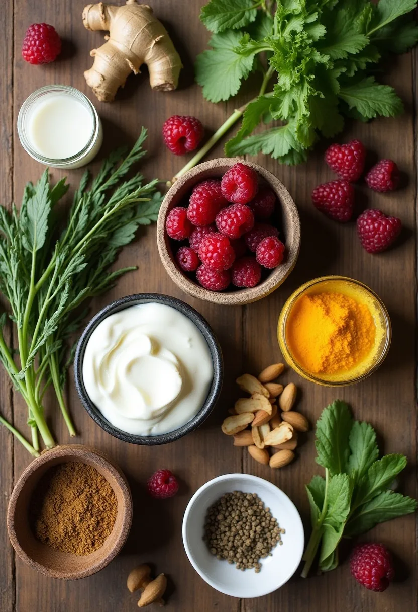 Flat-lay of fermented foods, berries, greens, and anti-inflammatory ingredients, symbolizing the gut–hormone–skin connection.