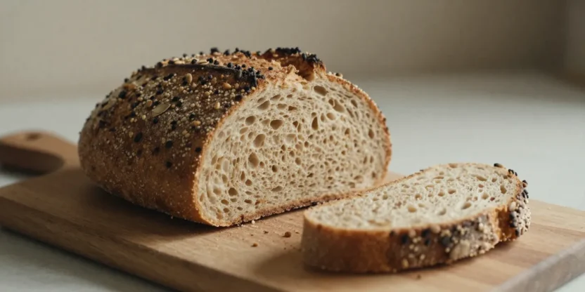 Wholegrain rustic loaf sliced on a wooden board in soft natural light.