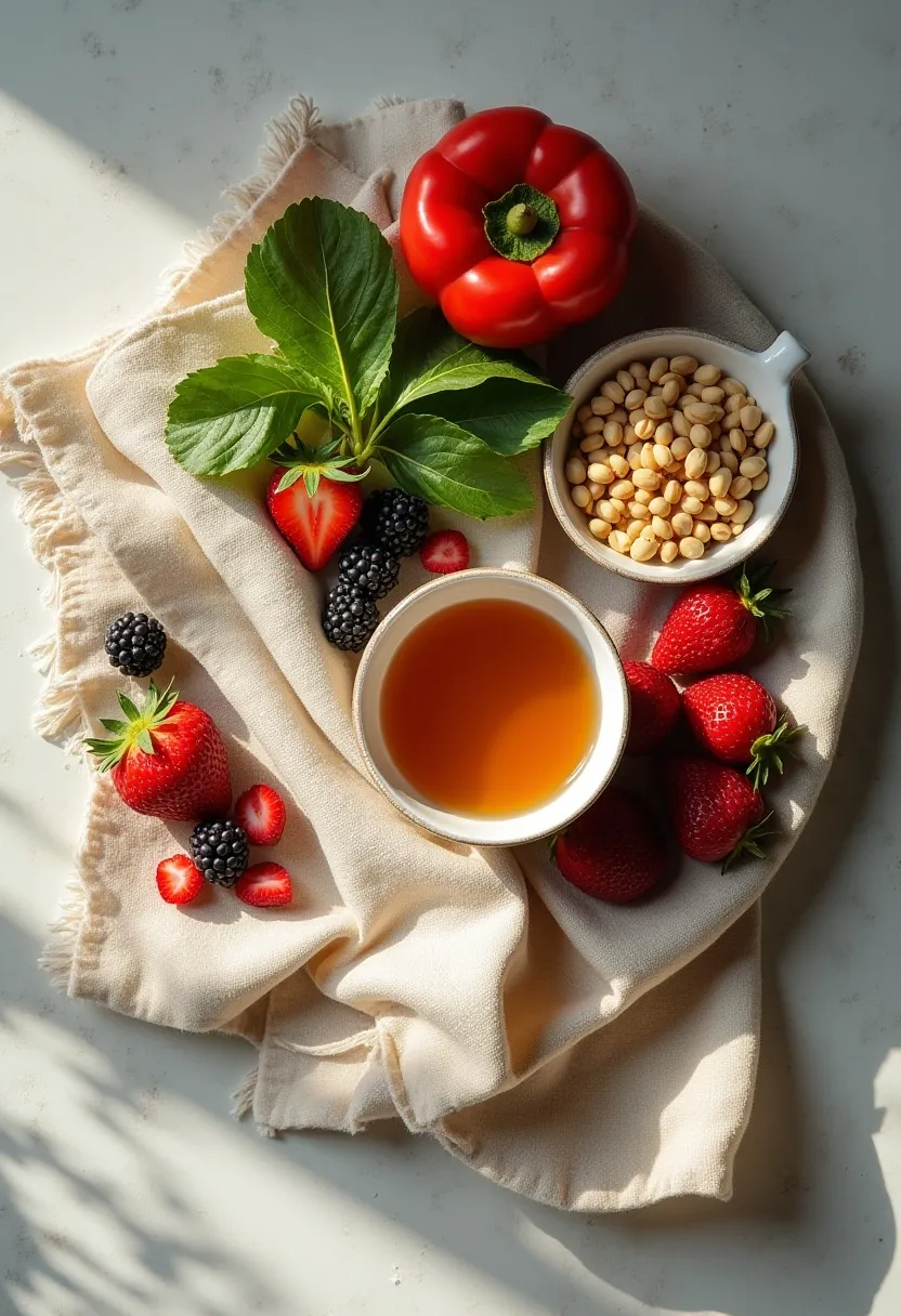 Flat-lay of whole foods arranged with open space and soft accents, symbolizing a free, balanced, and non-restrictive approach to eating.