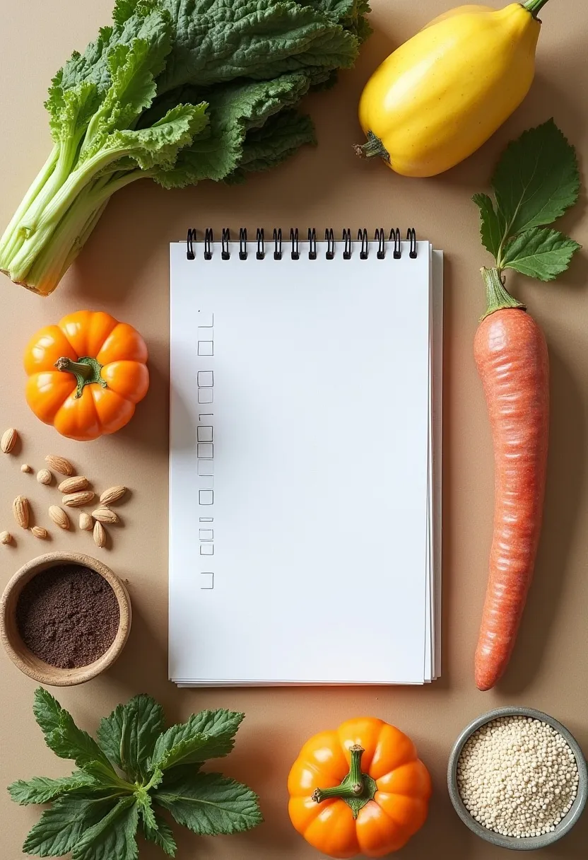 Flat-lay of whole foods beside a strict meal-planning notebook, symbolizing the line between healthy eating and obsession.