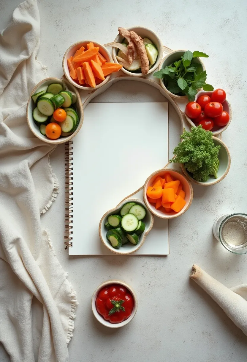 Flat-lay of simple healthy foods and a notepad arranged neatly, symbolizing answers to common weight-loss and nutrition questions.