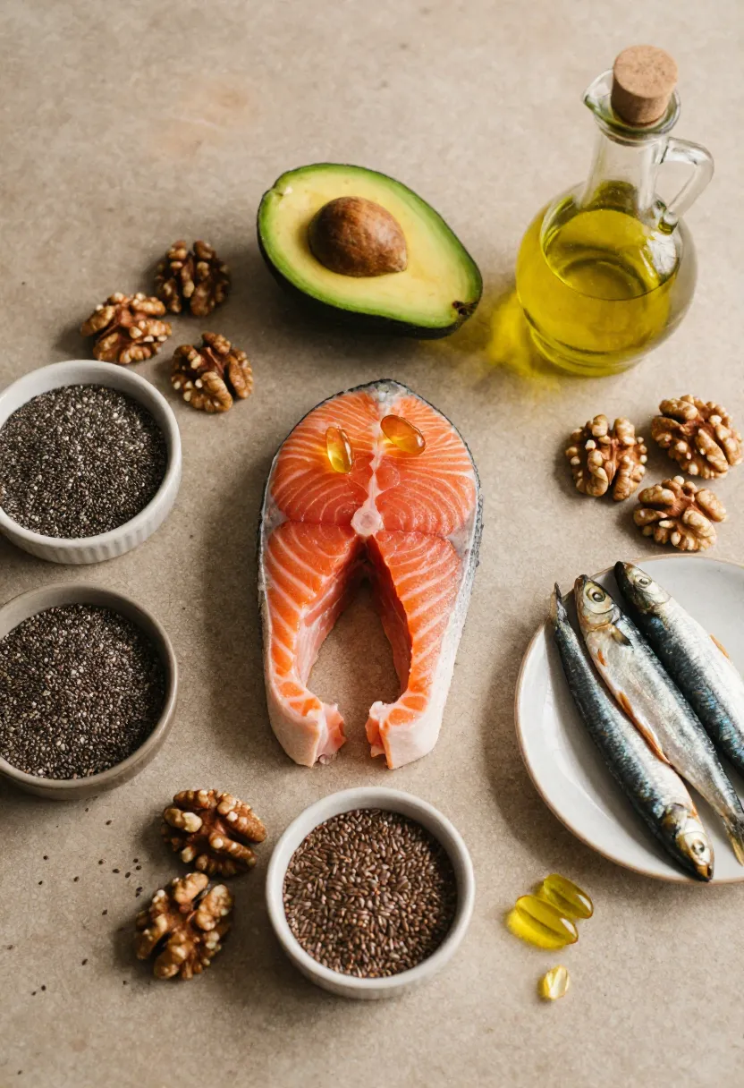 Flat-lay of omega-3 and healthy fat sources like salmon, avocado, nuts, and seeds arranged in a warm, inviting composition.